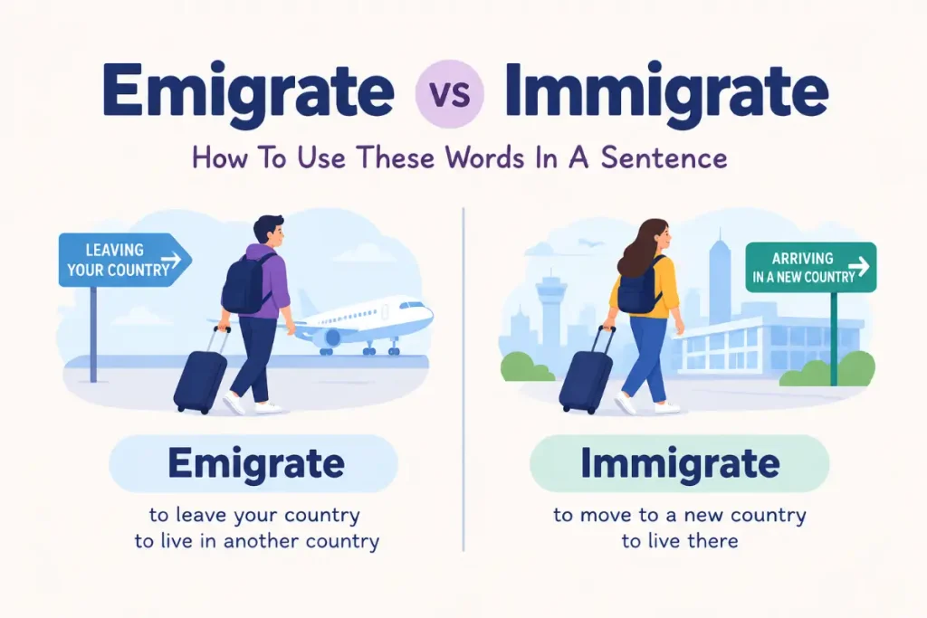 Emigrate vs Immigrate explained with sentence examples.