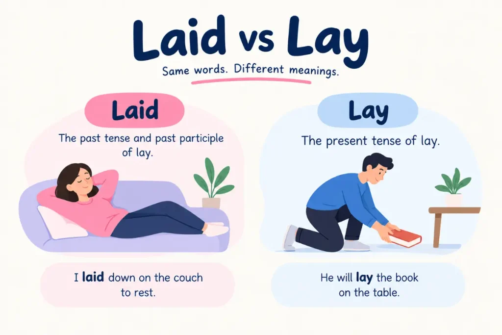 Lay vs Lie explained with a clear comparison of laid and lay usage.

