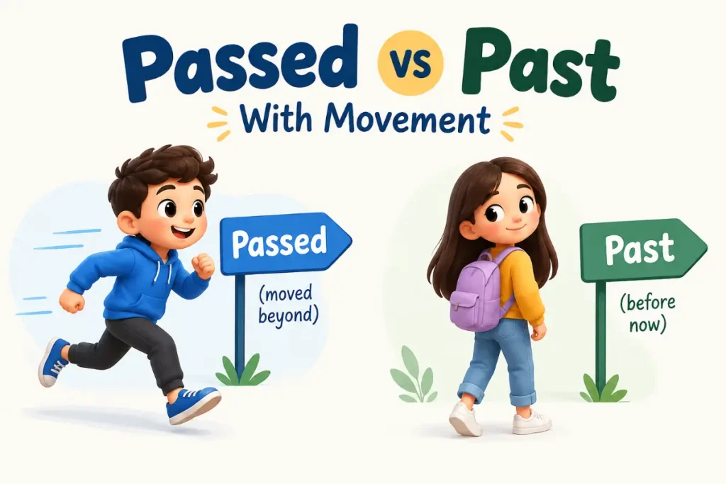 Passed vs Past with Movement grammar comparison infographic.