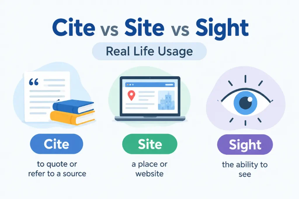 Cite vs Site vs Sight explained with real-life usage examples