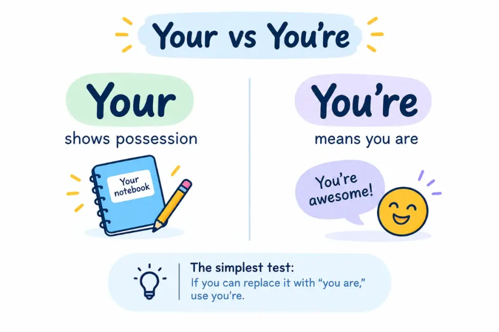 Your vs You're explained with the simplest test for choosing the correct form.
