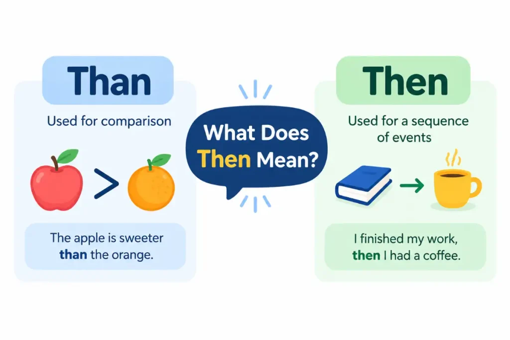 Than vs Then explained with clear examples of comparison and sequence.