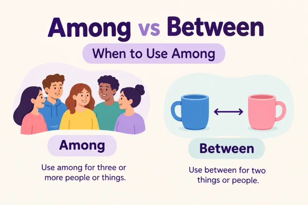 Among vs Between explained with simple grammar examples.