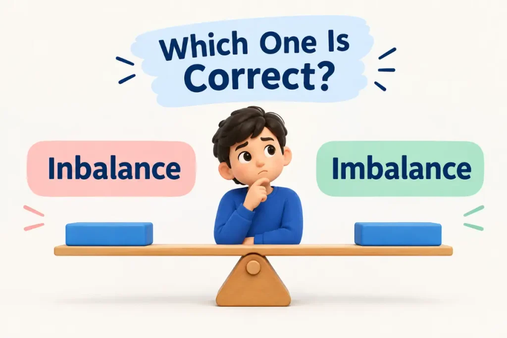 Inbalance or Imbalance: a clear grammar comparison showing which spelling is correct.