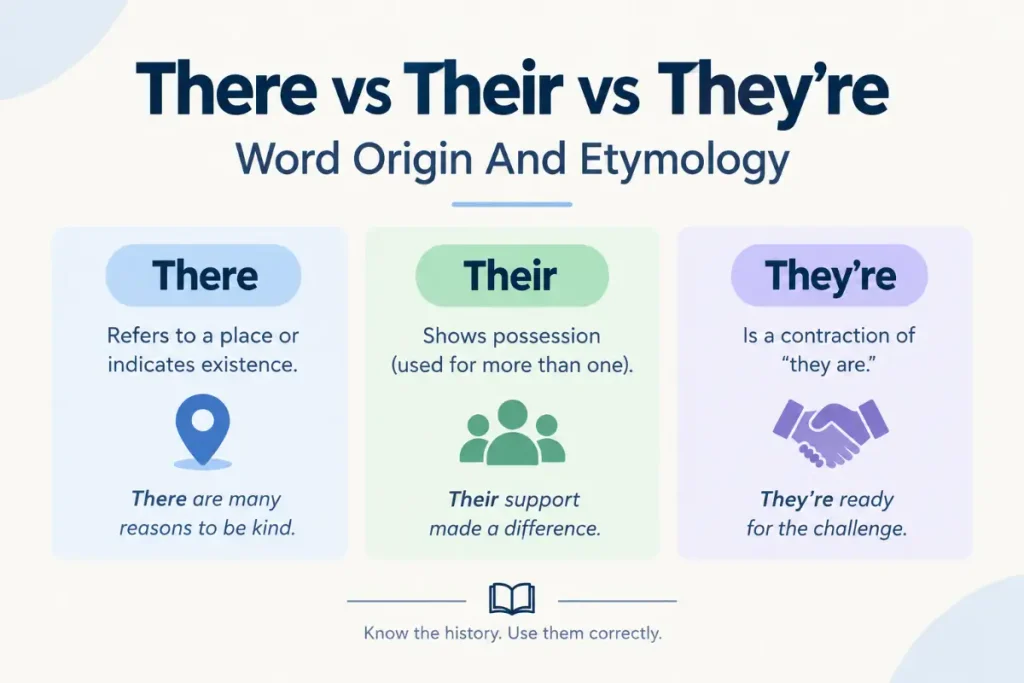 There vs Their vs They’re word origin and etymology explained clearly for grammar learners.