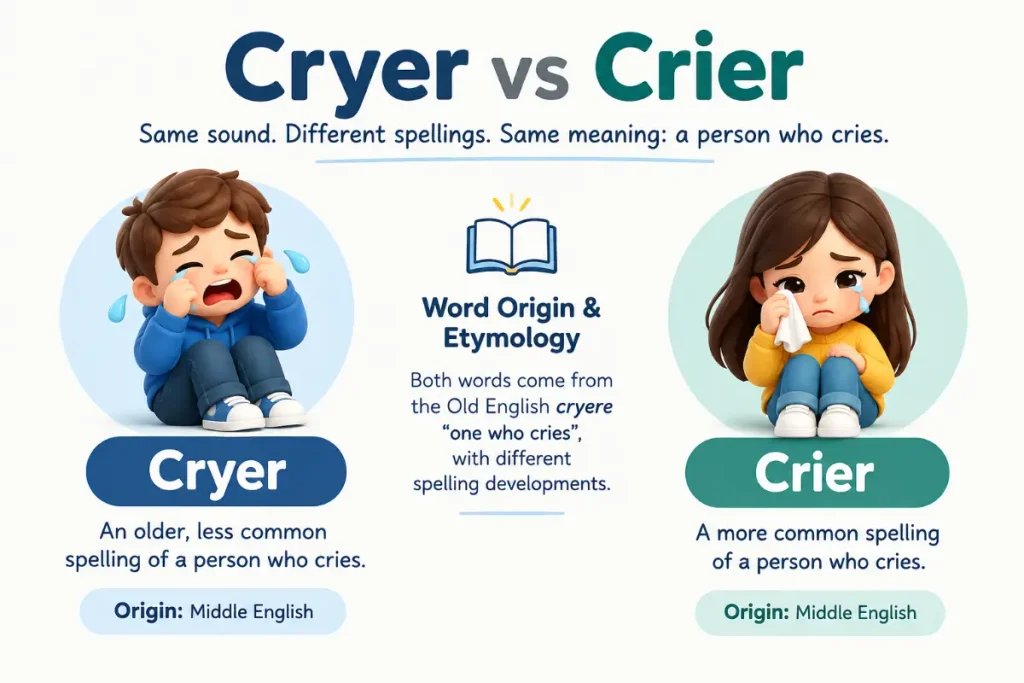 Cryer vs Crier: word origin and etymology explained simply.