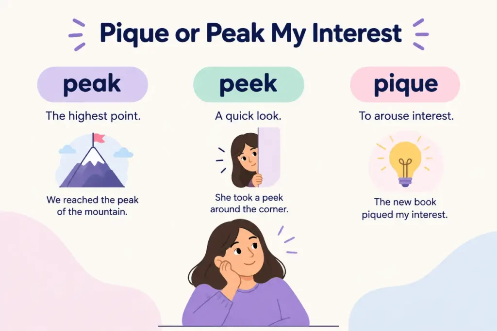 Peak vs peek vs pique explained with clear examples.