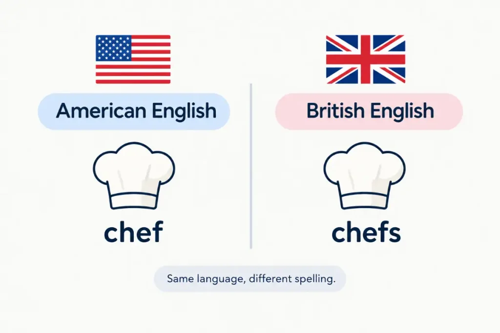 American and British English comparison with chef and chefs examples