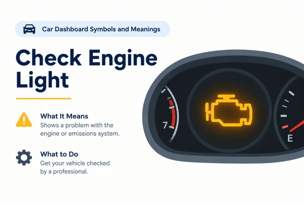 Car Dashboard Symbols and Meanings: check engine light warning symbol on a dashboard.