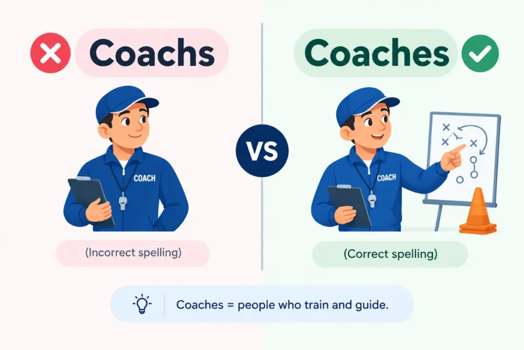 Coachs or Coaches spelling comparison showing the correct plural form of coach.