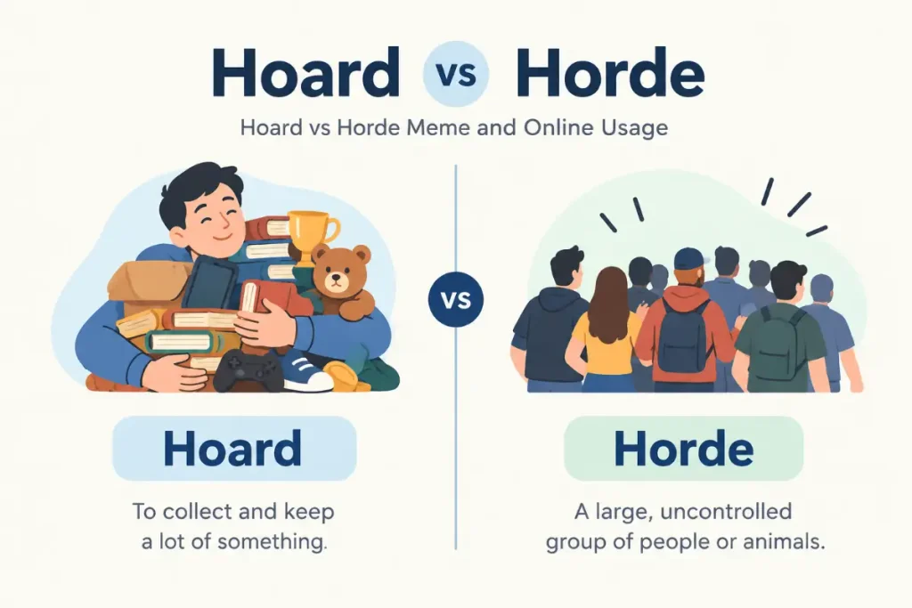 Hoard vs Horde showing the difference between collecting items and a large group in online usage.