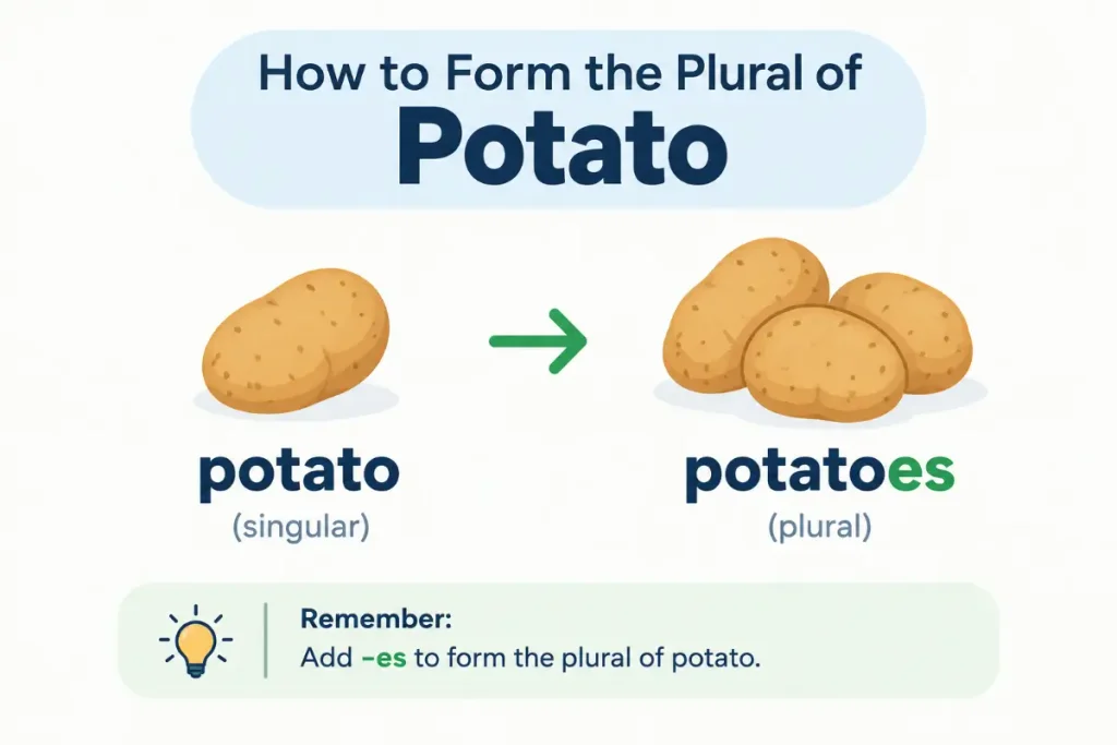 Potatoes or Potatos: a simple visual guide to the correct plural spelling of potato.