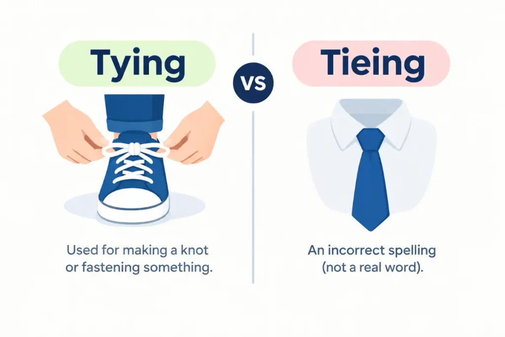 Tying or Tieing: a simple visual comparison of correct and incorrect spelling.