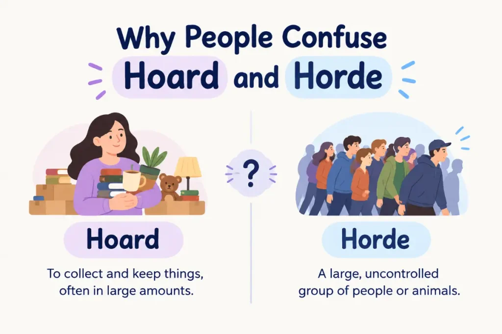 Hoard vs Horde explained with clear examples of their different meanings.