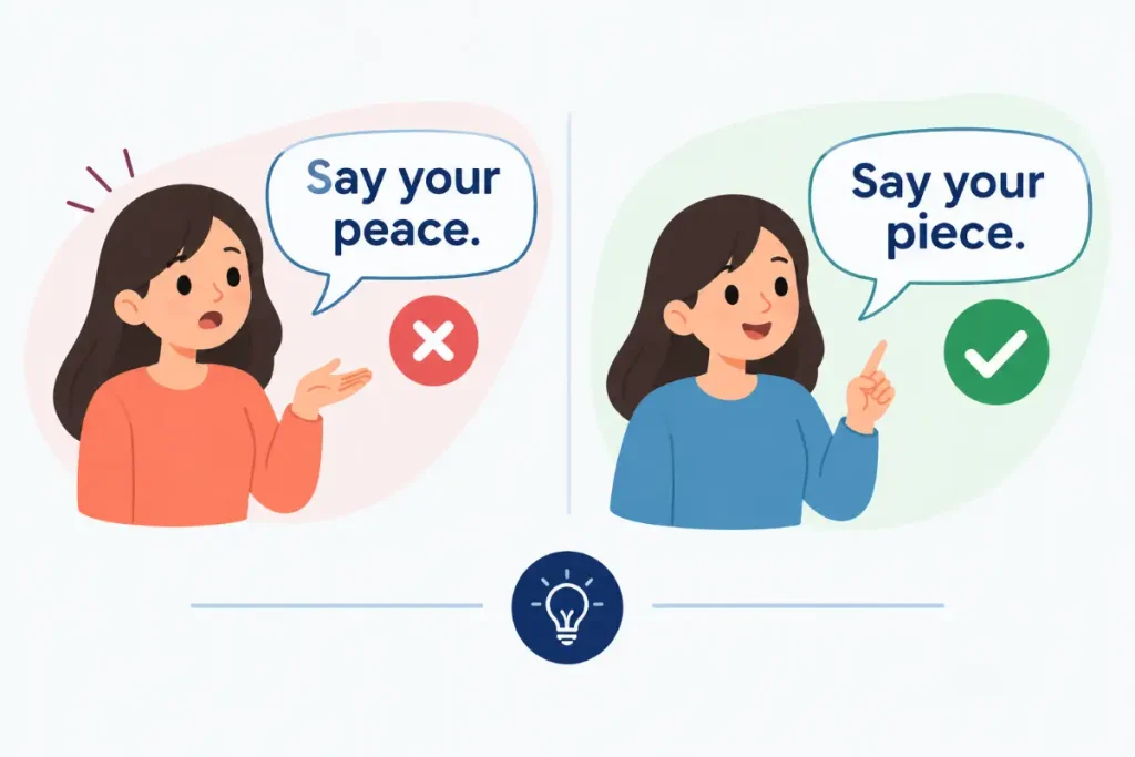 Say Your Peace or Say Your Piece? Learn the correct phrase.